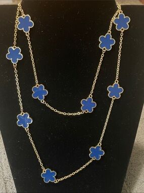 Gold-Tone Long Necklace with Blue Clover Stations by Formash